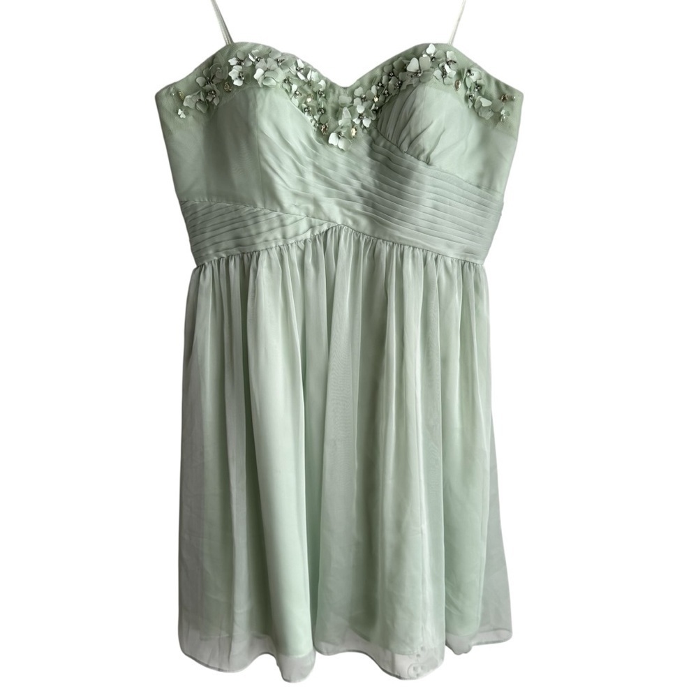 Adrianna Papell Mint Green Strapless Chiffon Floral Beaded Dress Sz 14 Short EUC